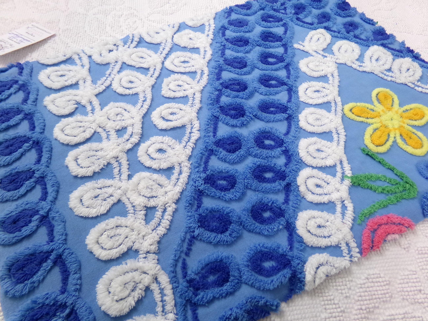 Vintage Chenille Bedspread Fabric, Boho Coastal Blue & White 16" x 23" Piece Sewing Material