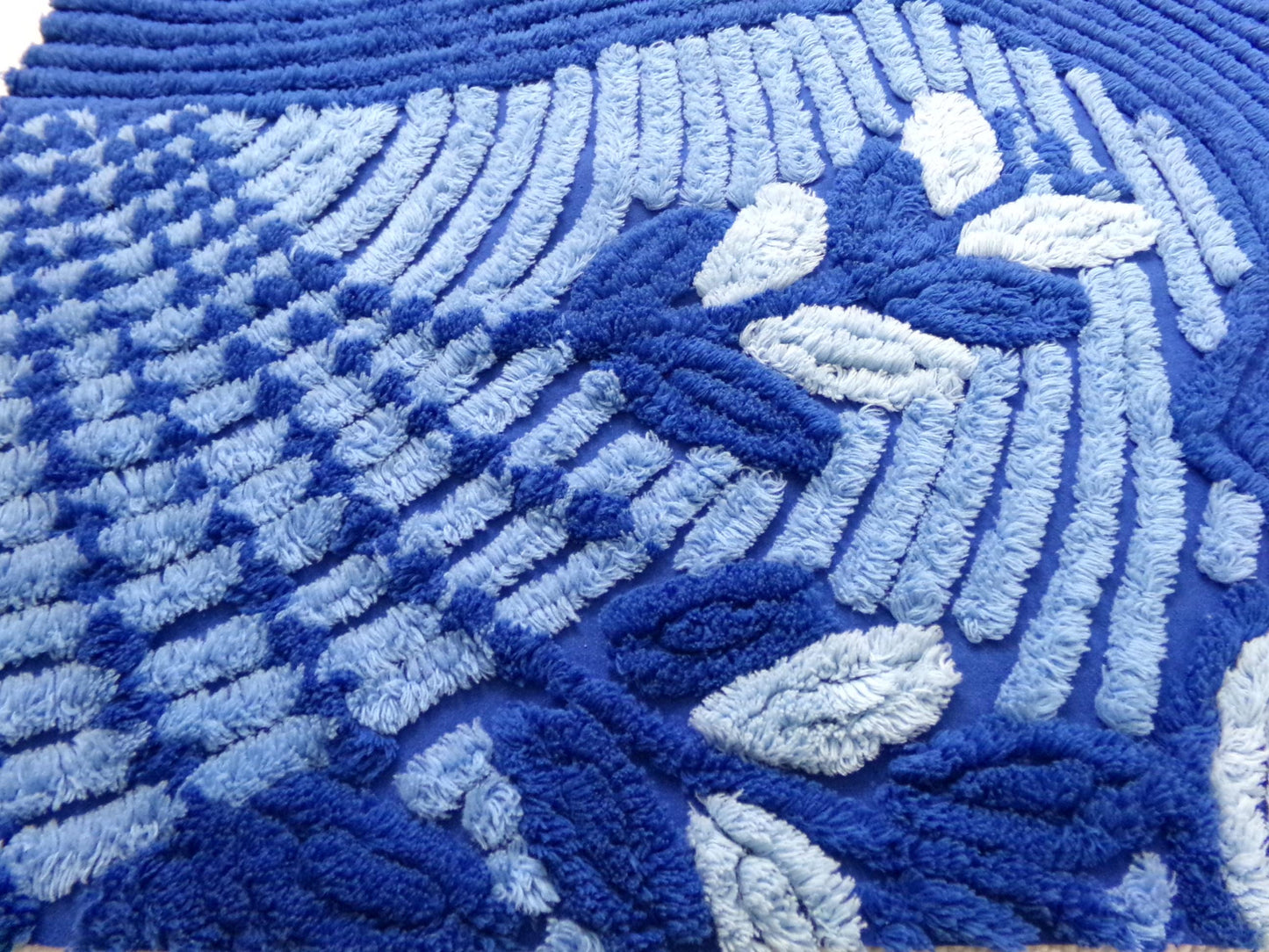 celestial blue vintage chenille bedspread fabric, plush abstract deco tufting, 22" x 20" piece