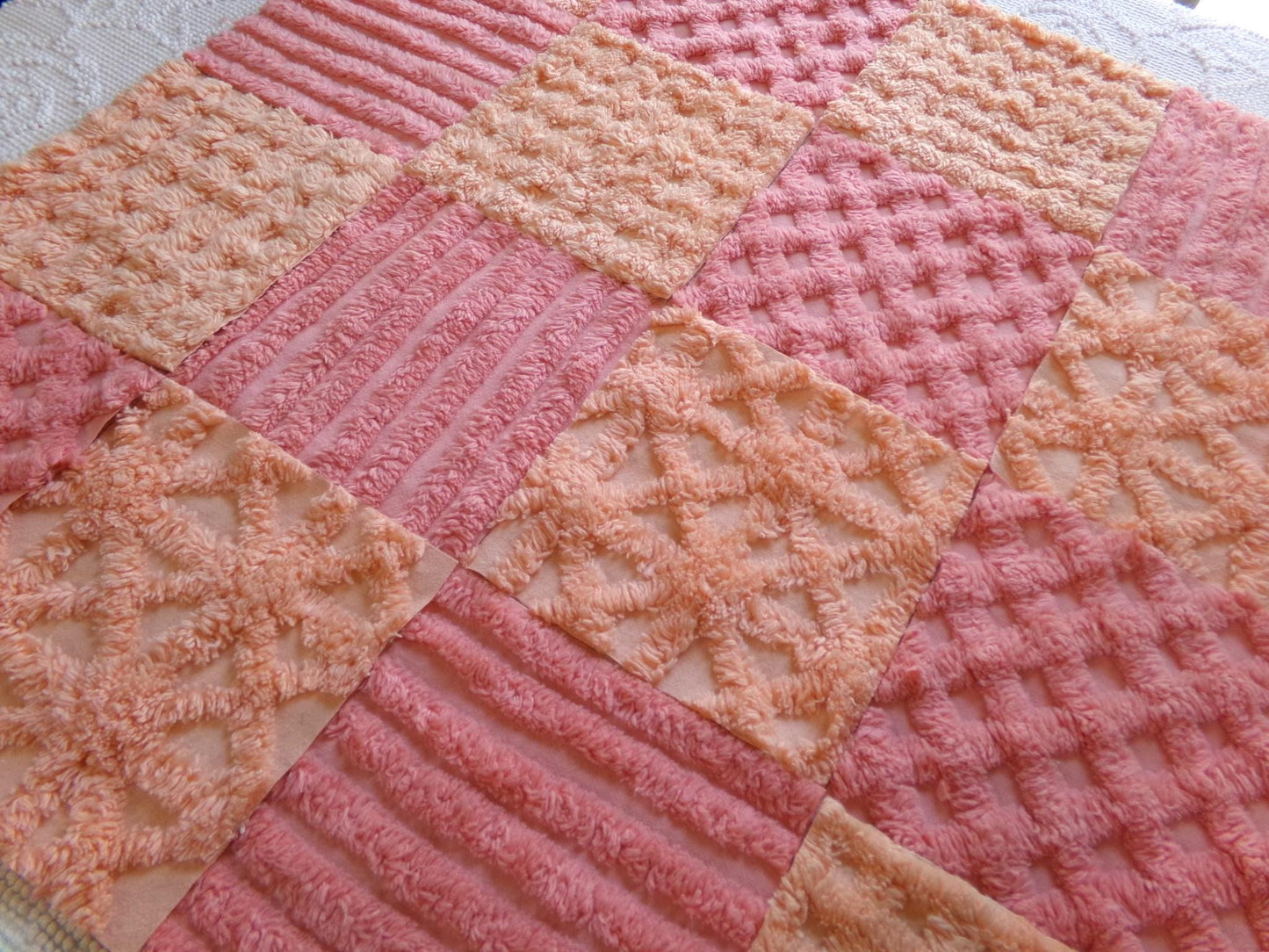 peach sorbet vintage chenille fabric squares, set of 16 plush soft tufted 6" quilt blocks