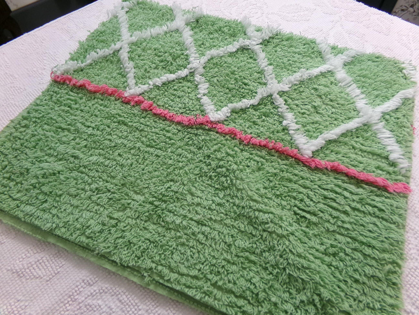 vintage apple green chenille fabric, plush terrytuft geometric design, 18" x 32" piece