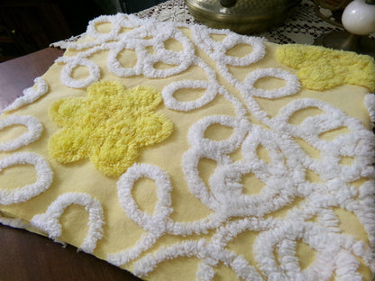Sunny Yellow Daisy Vintage Chenille Fabric, White Swirl Sewing Quilt Material, 20" x 24"