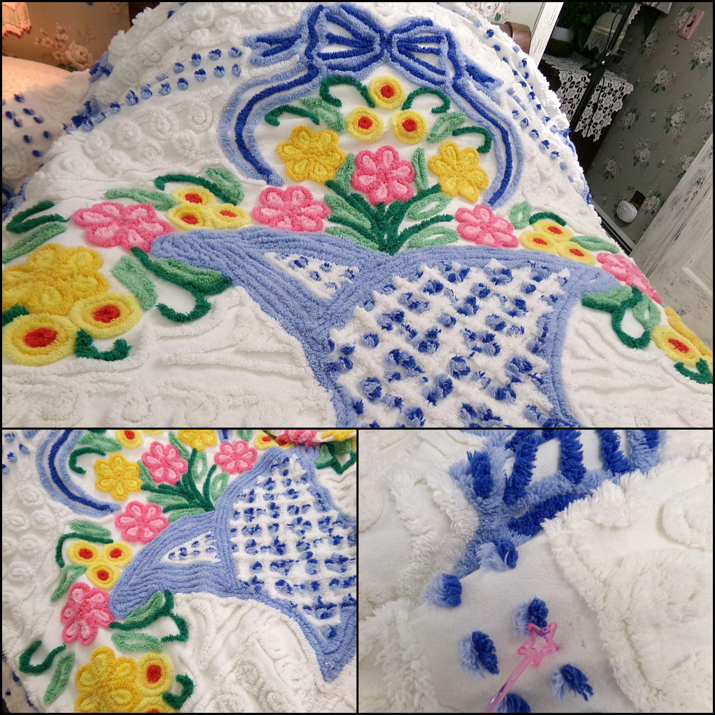 bring me joy vintage chenille bedspread, colorful sprawling blue flower basket on white, retro cottage style full size cotton bedding