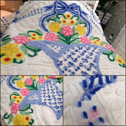 bring me joy vintage chenille bedspread, colorful sprawling blue flower basket on white, retro cottage style full size cotton bedding