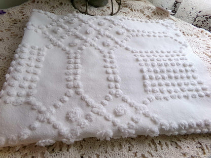 celestial white vintage chenille fabric, vintage geometric piece of cotton sewing material for quilts, pillows, wall hangings, 23" x 28"