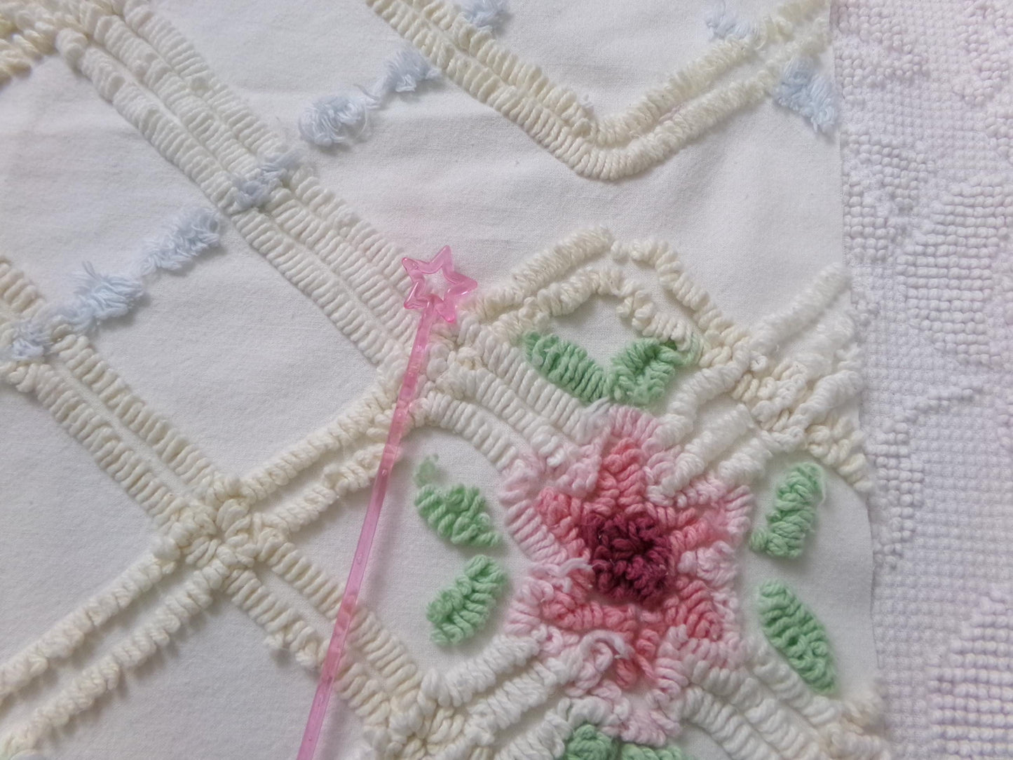 romantic cottage vintage chenille fabric, shabby floral sewing material, 20" x 26" piece