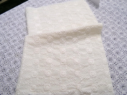 Ivory Embroidered Vintage Fabric Piece 20x24" Candlewick Style Lattice Daisy Medallions