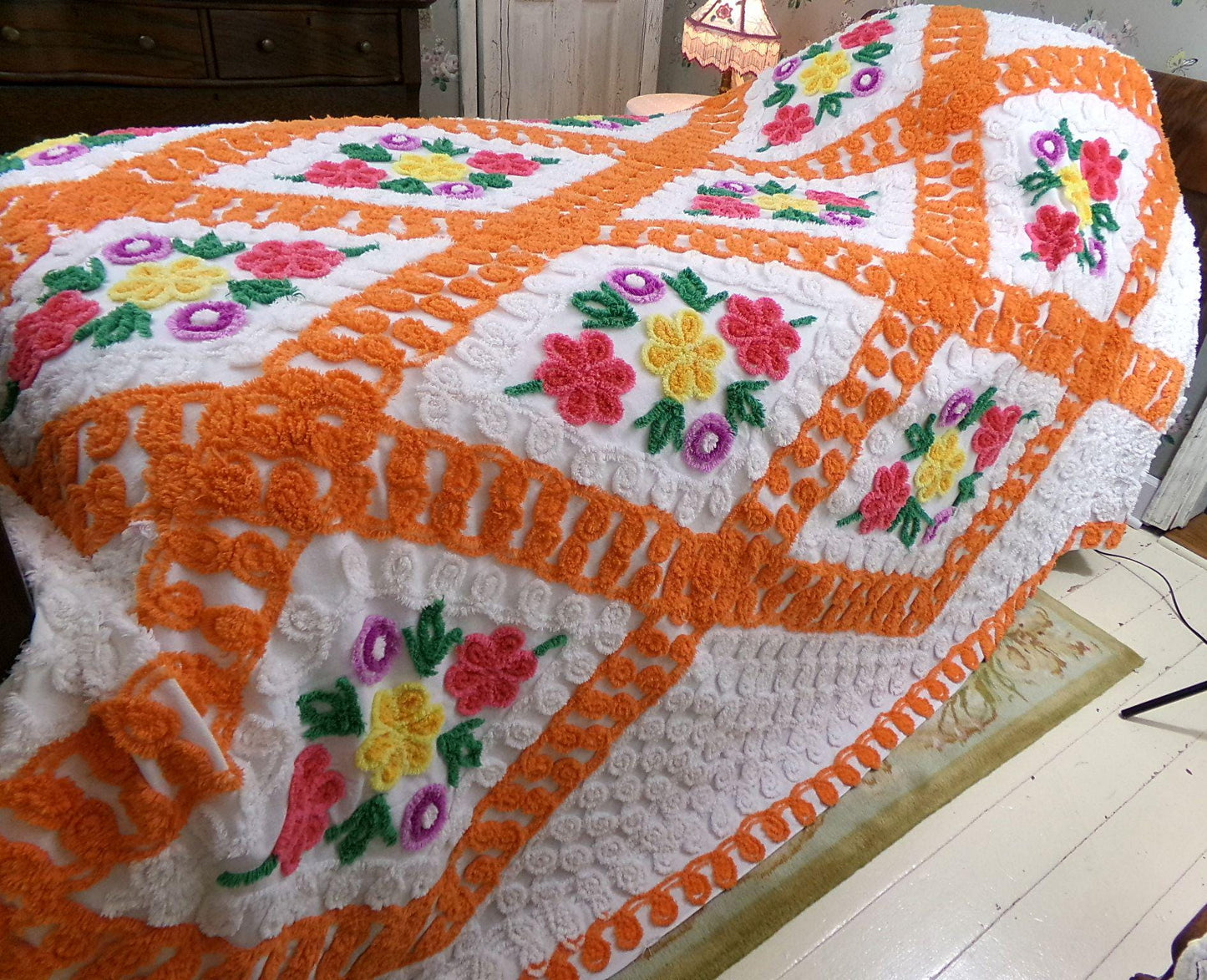 diamond citrus vintage chenille bedspread, plush large floral design in colorful orange & white, full size cotton bedding