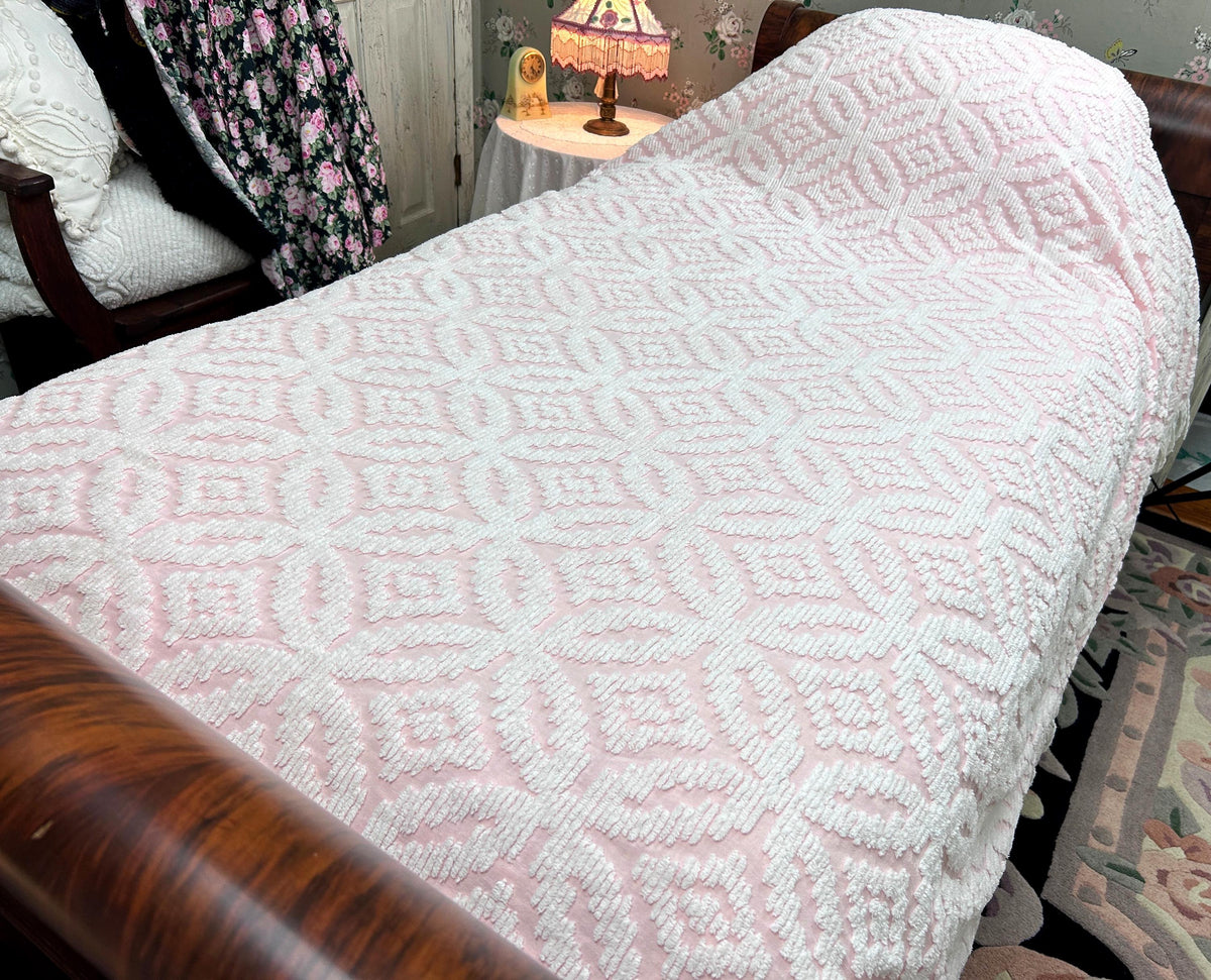 Vintage White & Pink Chenille Bedspread, Twin Size Coverlet, Accent Fringe