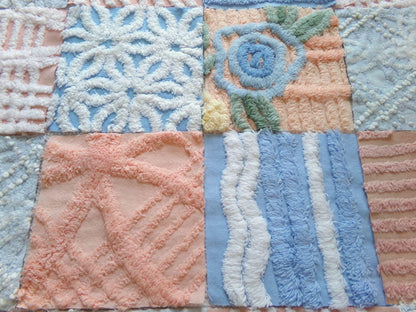 frost & fizz vintage chenille fabric squares, set of 16 blue, peach, white 6" quilt blocks for arts, crafts sewing