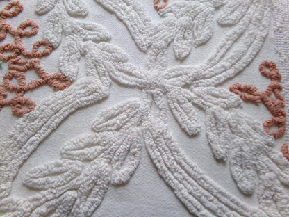 vintage chenille bedspread fabric, natural boho floral 20" x 20" piece sewing material