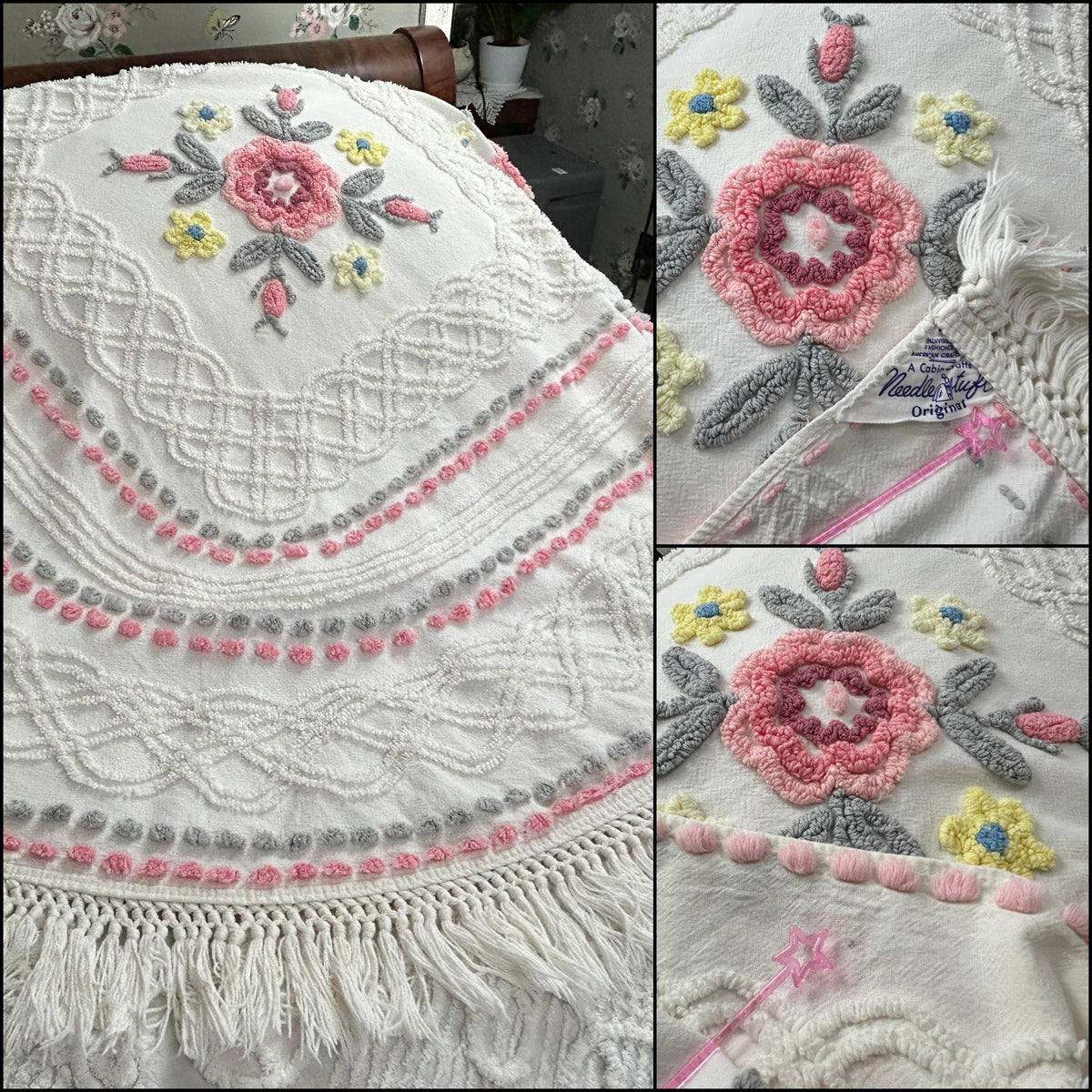 Vintage Chenille Bedspread Farmhouse Quilt Style Rose Floral Medallions Full Sz