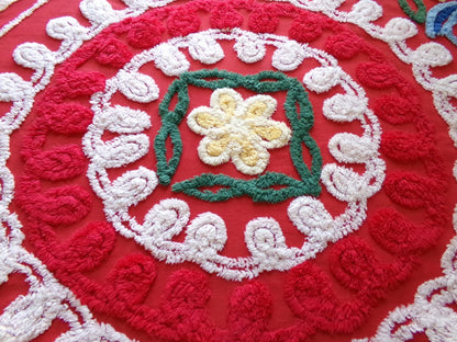 passion red vintage chenille fabric, large circular labyrinth of curlicues, large 32" x 23" cut piece for sewing, wall hanging, quilts