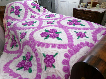 Vintage Chenille Bedspread Violets in Snow Heart Scrollwork White Cottage Bedding, FULL
