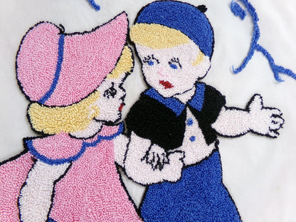 whimsical vintage chenille fabric panel: jack & jill storybook cute kids w/ scotty dog, 22" x 26" piece