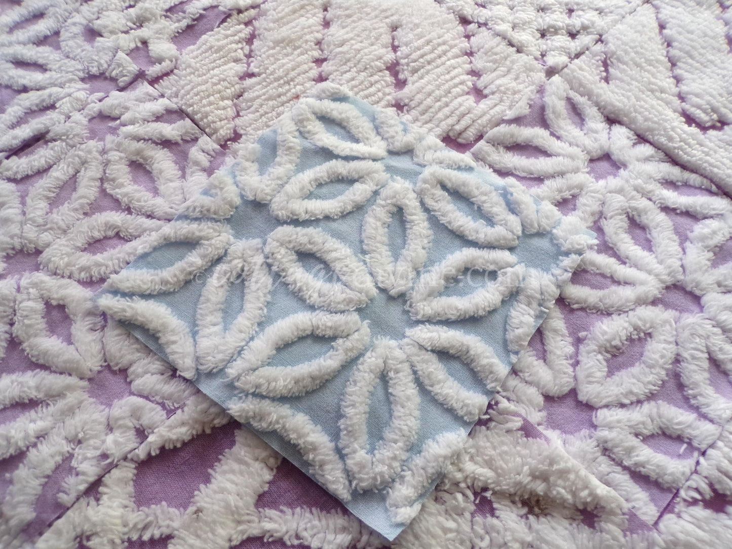 Dreamy Divine Vintage Chenille Fabric Squares Set in Lilac, Blue & White, 16 Rotary Cut Quilt Blocks, 6" x 6" inch