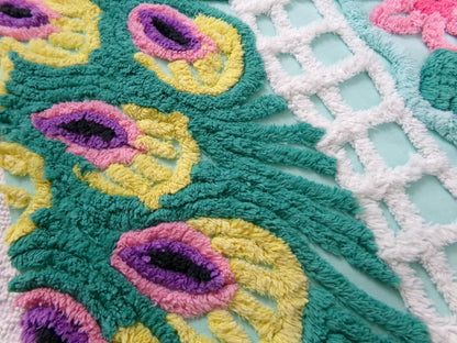 vintage seafoam chenille bedspread fabric, plush peacock feathers & tropical florals, 19" x 26" piece