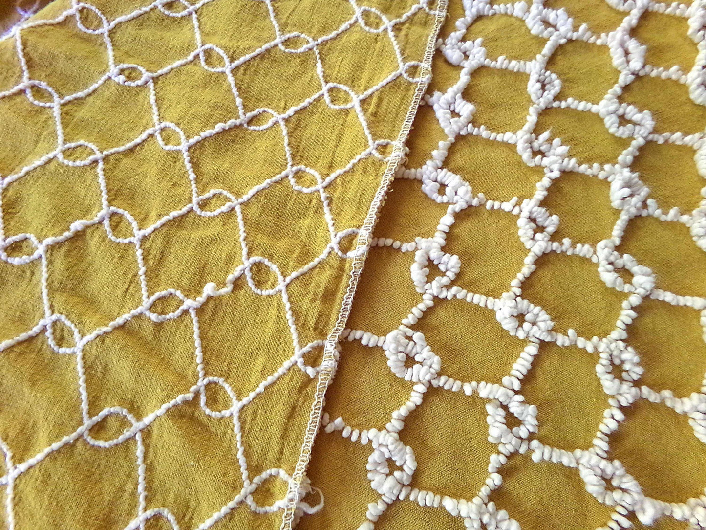 Hippie Vintage Chenille Fabric in Butterscotch Gold with White Chicken Wire Design, 100% Lightweight Cotton, 20" x 24" inch piece