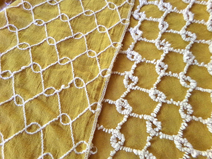 Hippie Vintage Chenille Fabric in Butterscotch Gold with White Chicken Wire Design, 100% Lightweight Cotton, 20" x 24" inch piece