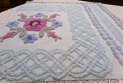 Shabby Blue Floral Vintage Chenille Bedspread Fabric, 23x23" Piece