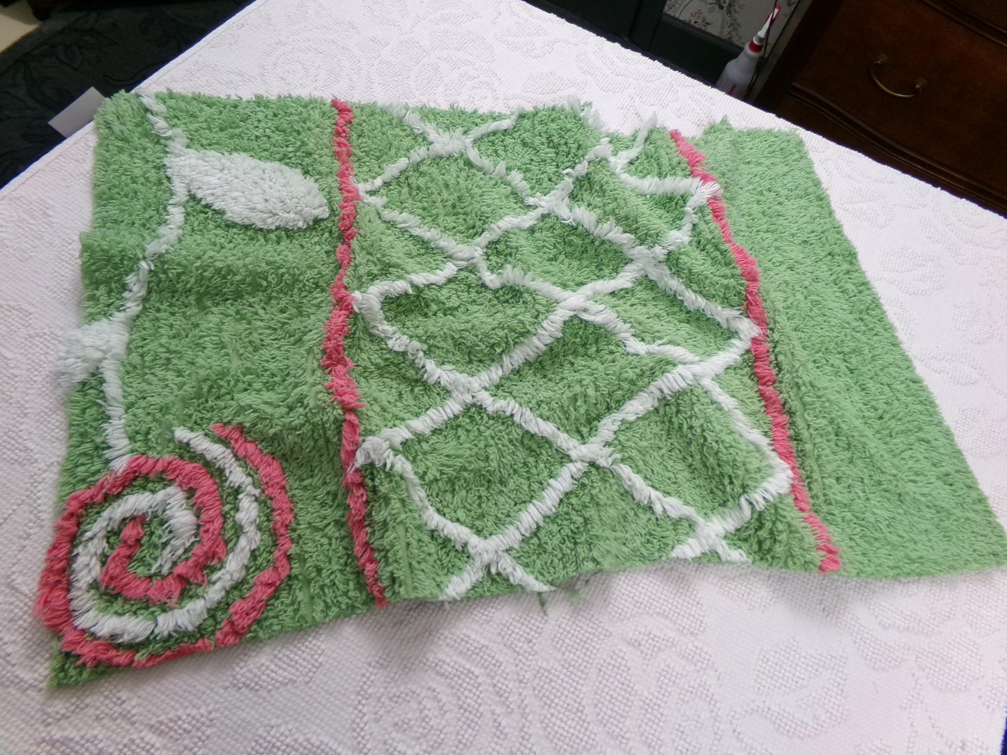 Pink Lollipop Vintage Style Chenille Fabric, terrytuft apple green sewing craft quilt material, 17" x 28" piece