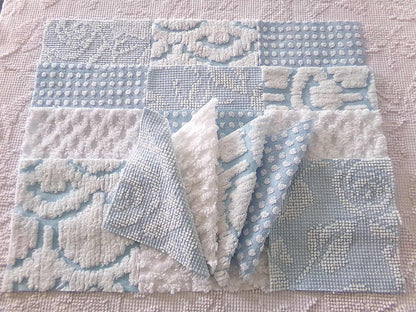 coastal chill chenille fabric squares, cool blue & white dot, diamond geometric patterns, set of 16 vintage quilt blocks 6" each for sewing