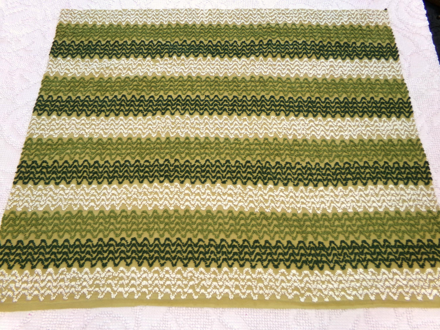 groovy green zig zag vintage chenille fabric, earthy avocado, olive textured pattern, 18" x 24" cut piece for arts & crafts