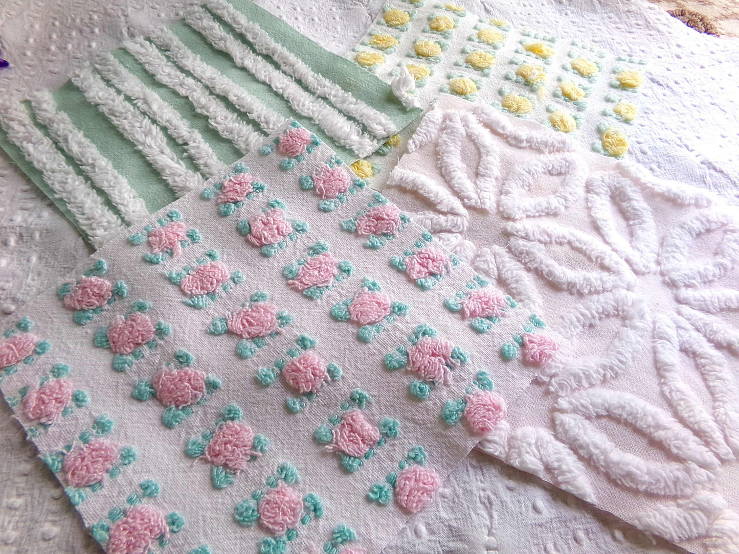 Chenille Squares Set, "Spring Bliss," 16 Vintage Fabric Quilt Blocks, 6" inch in White Daisy, Pink & Yellow Rosebud, Mint Green