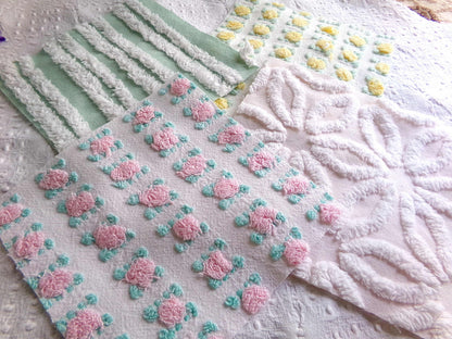 Chenille Squares Set, "Spring Bliss," 16 Vintage Fabric Quilt Blocks, 6" inch in White Daisy, Pink & Yellow Rosebud, Mint Green