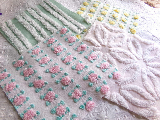 Chenille Squares Set, "Spring Bliss," 16 Vintage Fabric Quilt Blocks, 6" inch in White Daisy, Pink & Yellow Rosebud, Mint Green