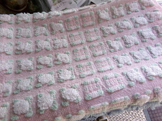 phantom white rosebud chenille fabric, 18" x 24" inch piece of dusty pink vintage Morgan Jones rosebuds quilt material for sewing & crafts