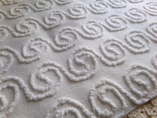 spiral curl squiggles vintage chenille fabric, ultra lightweight white cotton sewing material with great texture, 20" x 24" inch piece