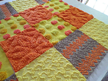 retro hippie daze chenille fabric squares, set of 16 vintage 6" x 6" inch quilt blocks for crafts, sewing, fiber arts