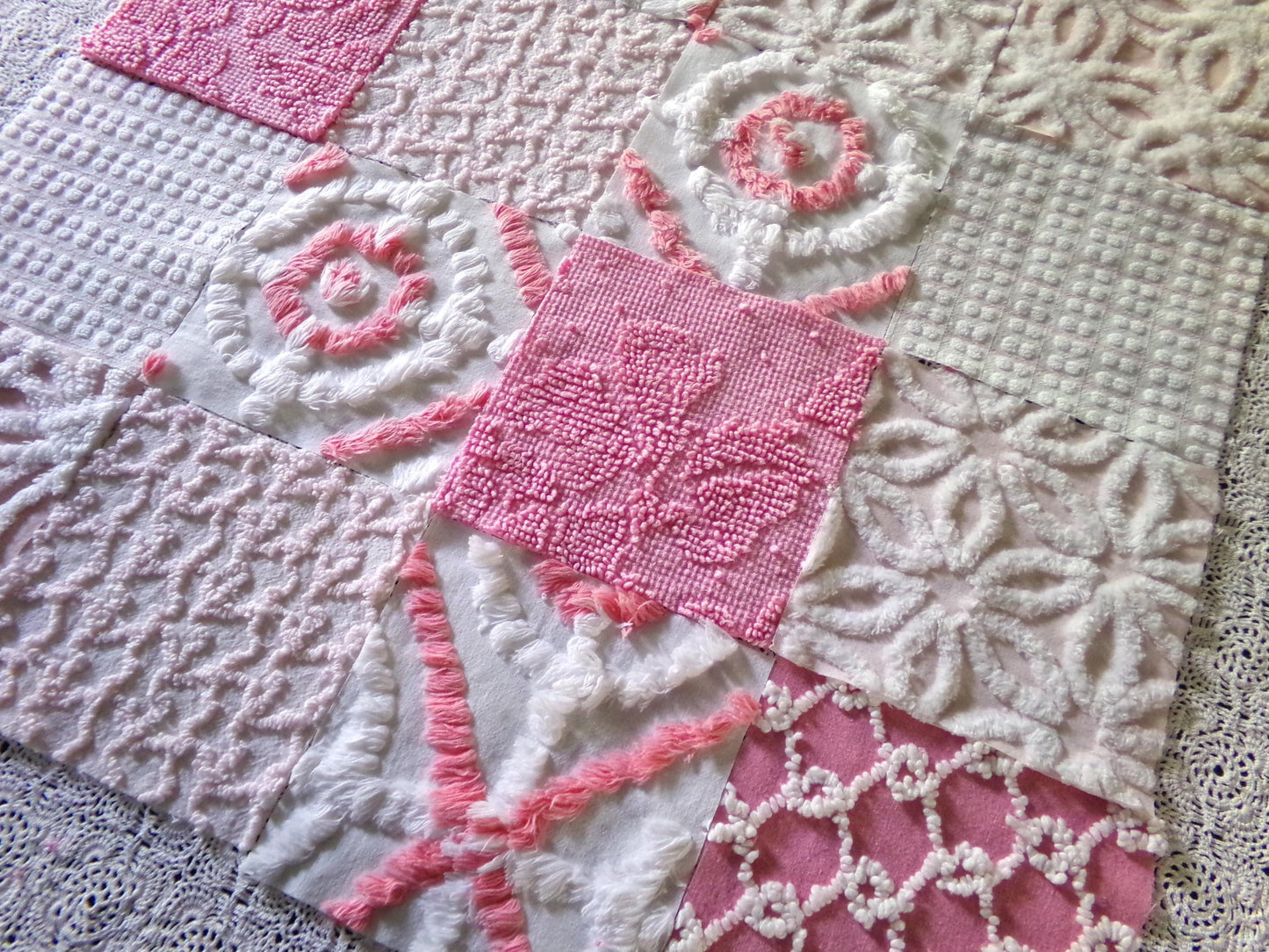 cottage pink & white chenille fabric squares, 16 pretty vintage 6" quilt blocks in girly colors, daisies, dots, squiggle textures