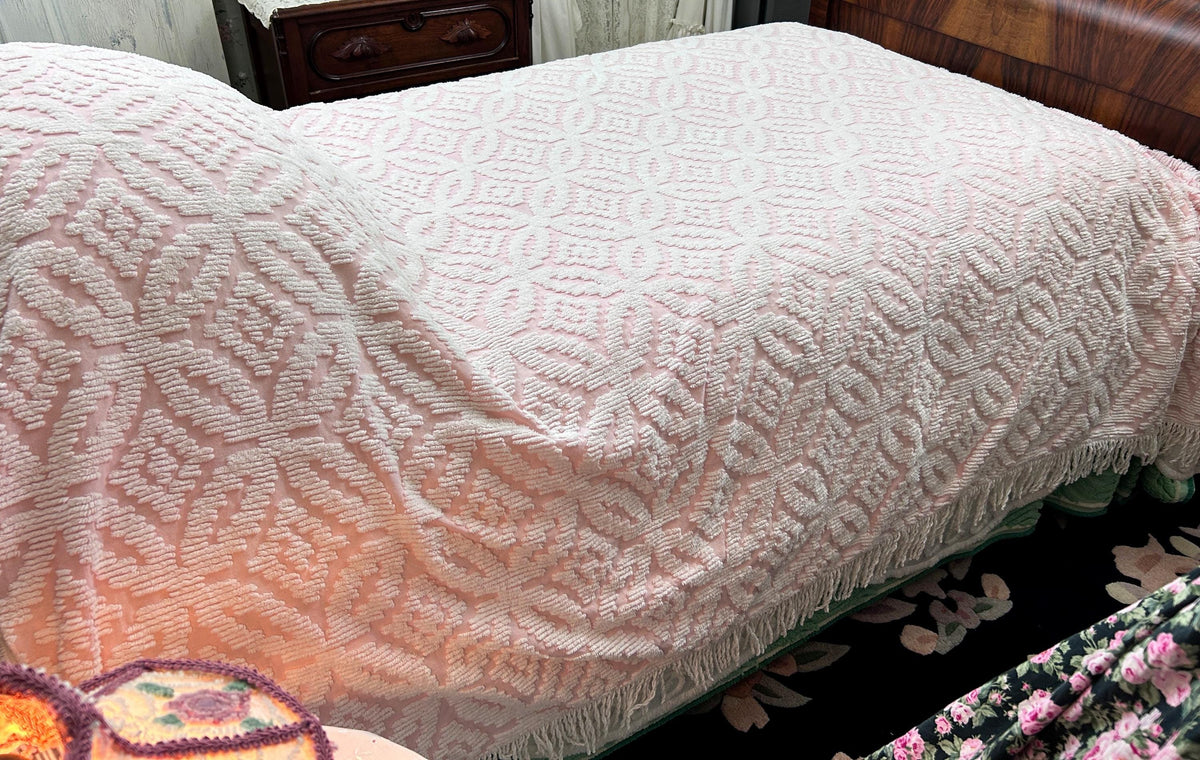 Vintage White & Pink Chenille Bedspread, Twin Size Coverlet, Accent Fringe