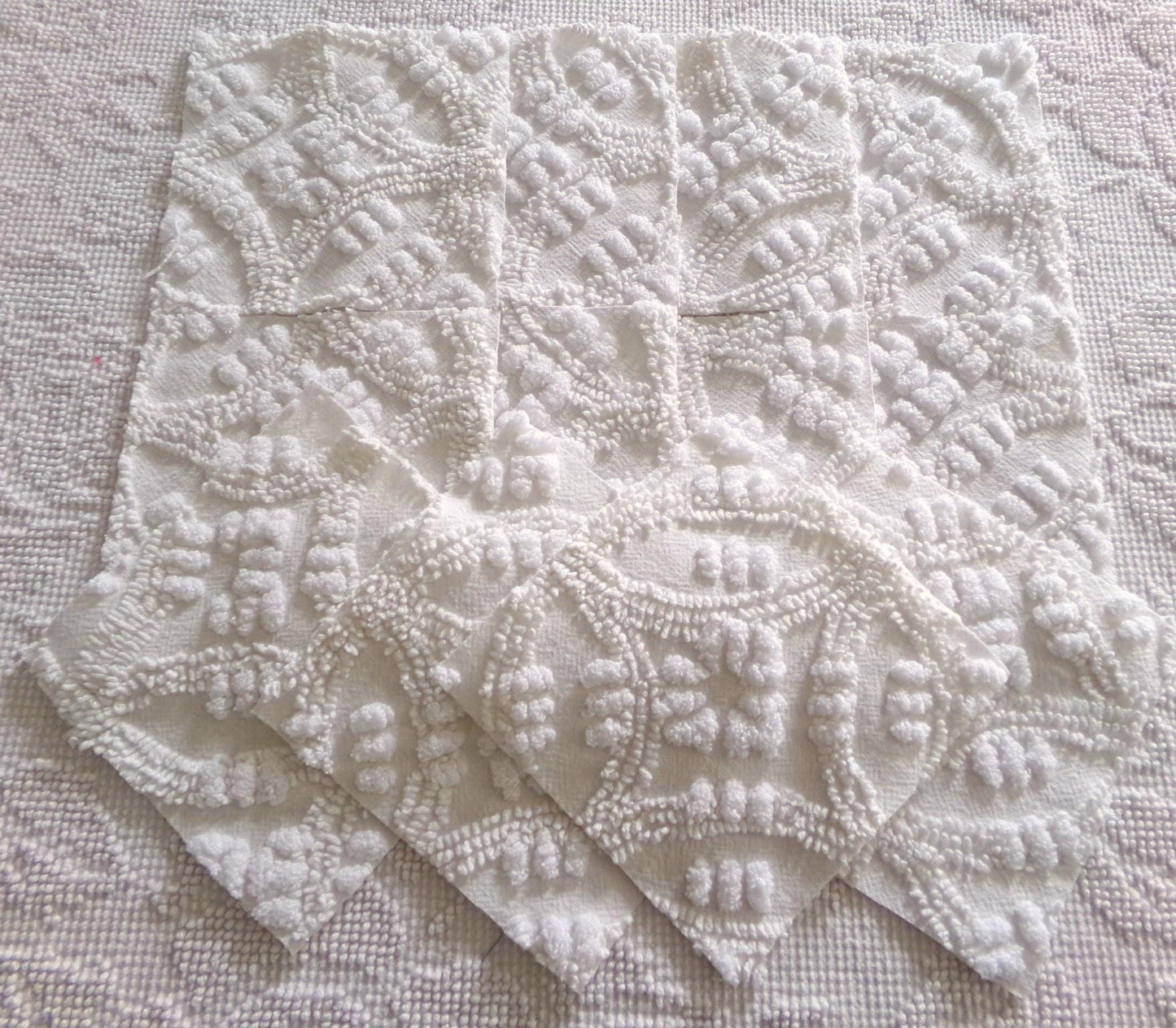 heirloom quality chenille fabric squares, set of 12 vintage 6" quilt blocks in elegant antique cream tufted geometric design