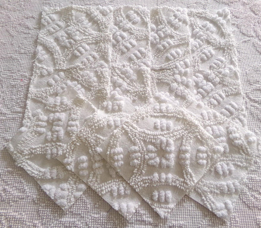 heirloom quality chenille fabric squares, set of 12 vintage 6" quilt blocks in elegant antique cream tufted geometric design