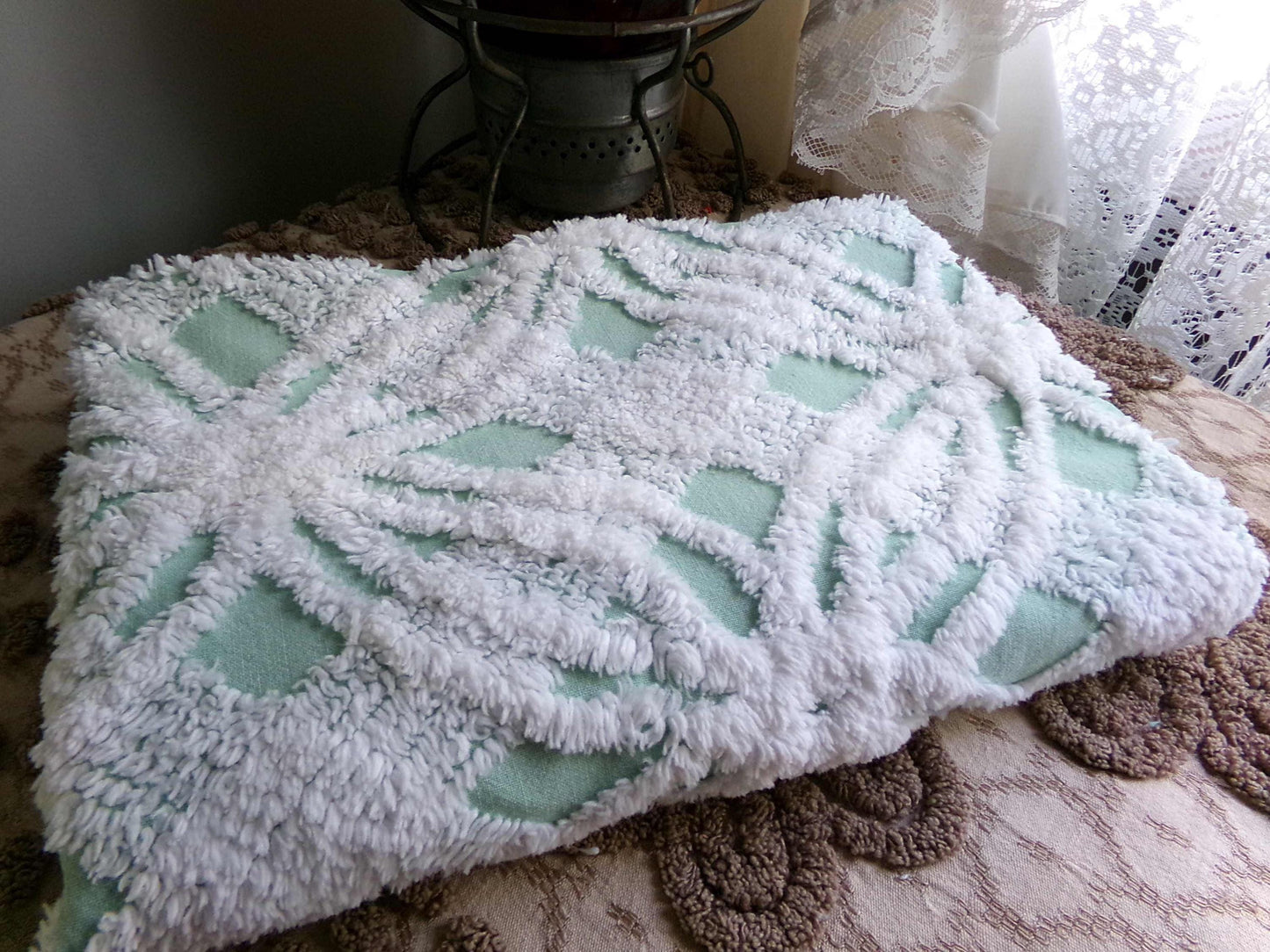 mint green vintage chenille fabric, plush white spider tufting, 19" x 26" piece of quilt material for arts & crafts
