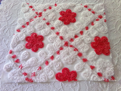Roses in Snow Vintage Chenille Fabric, Red & White Plush Swirl 18" x 21" Inch Piece
