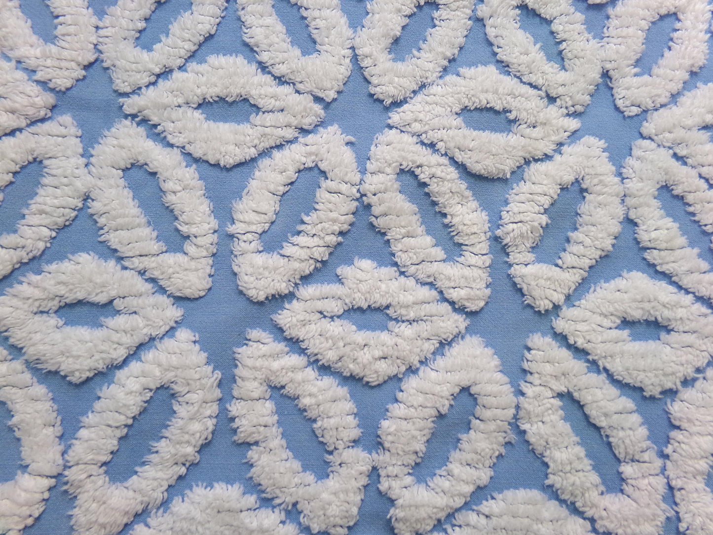 boho blue daisy vintage chenille bedspread fabric, white tufted daisies, 18" x 23"