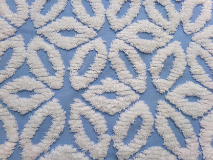boho blue daisy vintage chenille bedspread fabric, white tufted daisies, 18" x 23"