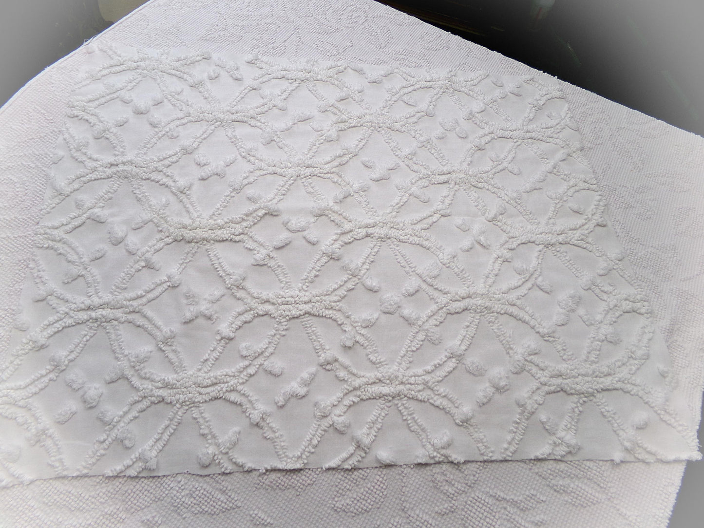 timeless white vintage chenille fabric, classic wedding ring & pop design, 18" x 24" piece of sewing, craft, quilt material