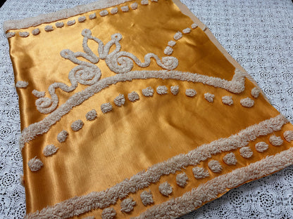 Vintage Gold Satin Fabric, Scroll Tufted Chenille Crowns 23x36" Piece
