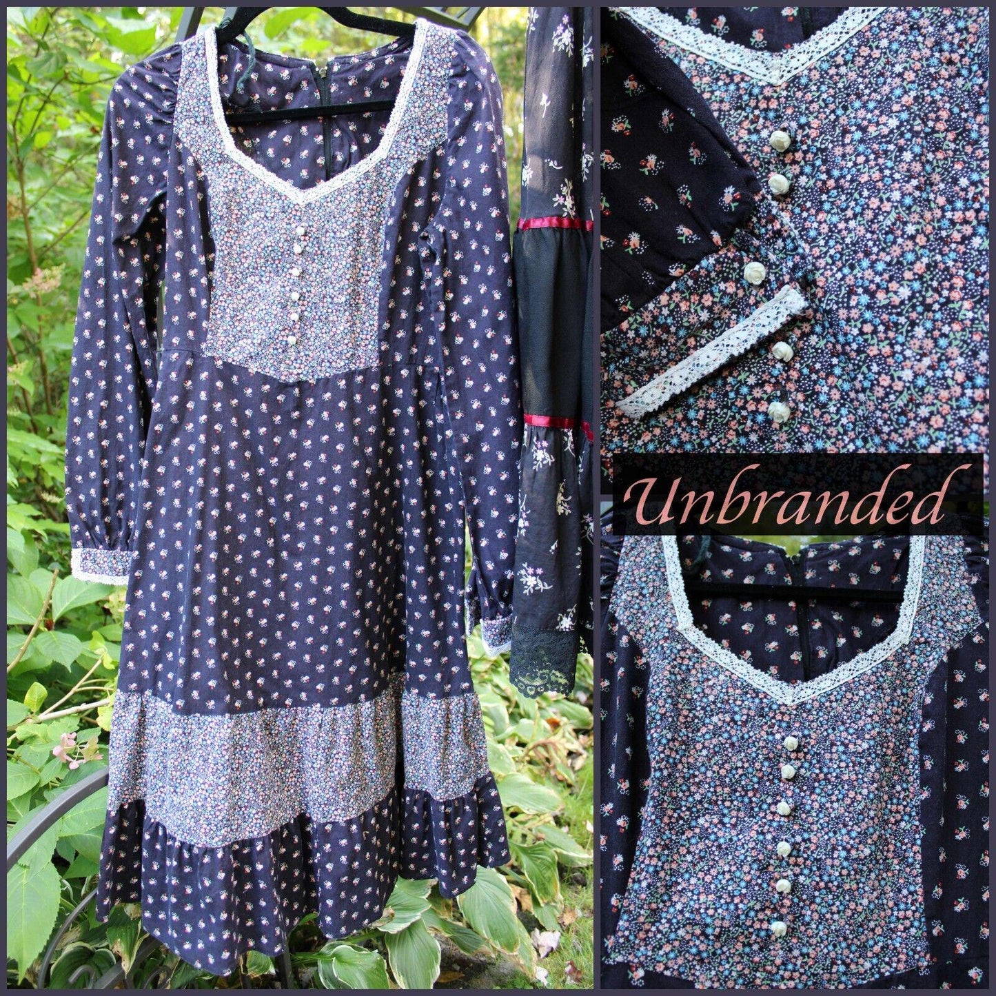 Dark Cottagecore Vtg Clothing Lot: 2 Prairie Dress, 1 Gunne Sax Boho Black Skirt