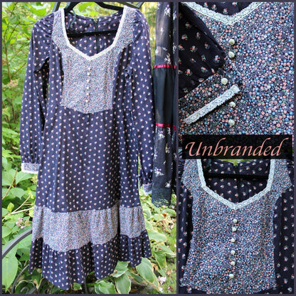 Dark Cottagecore Vtg Clothing Lot: 2 Prairie Dress, 1 Gunne Sax Boho Black Skirt