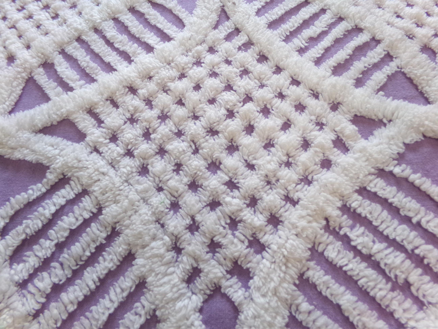 Spring Lavender Vintage Chenille Fabric, white geometric design, sewing craft quilt material, 22" x 25" piece