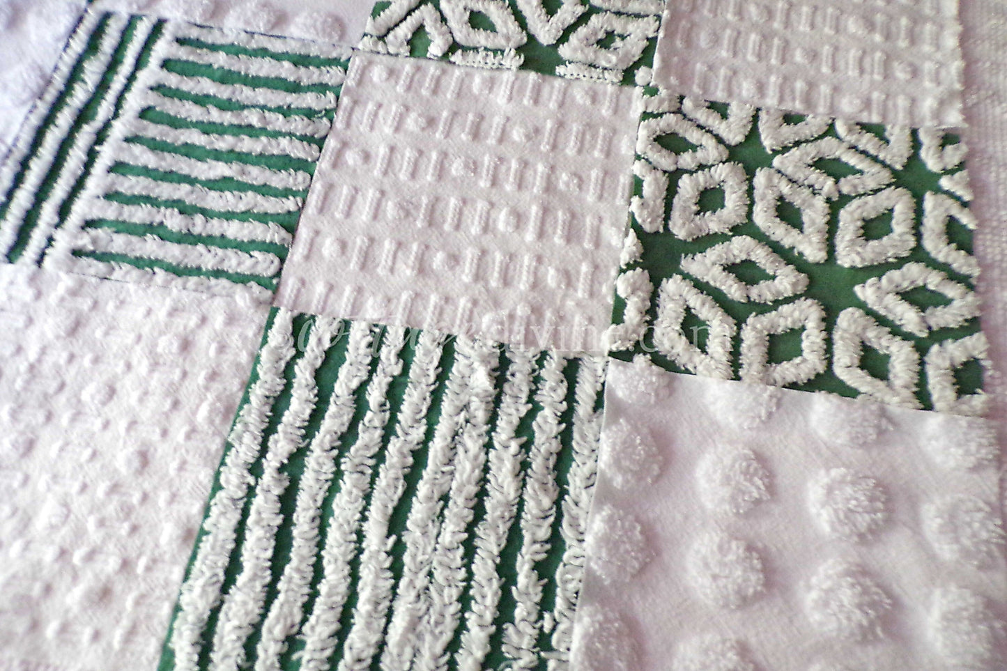 First Snowfall Quilt Squares Set, from Vintage Chenille Bedspread Fabric, 16 Blocks, 6" x 6" inch, Evergreen & White