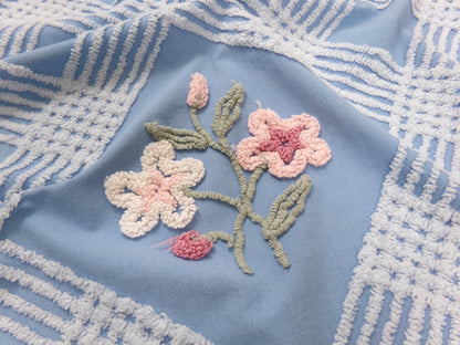 Coastal Floral Vintage Chenille Bedspread Fabric Blue & White 25 x 27" Piece