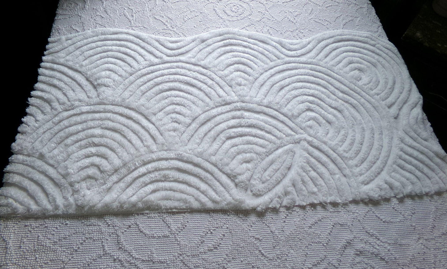 White Swirl Clouds Vintage Chenille Fabric, Plush 16" x 32" inch Piece with scalloped edge