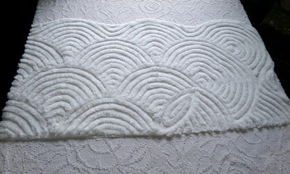 White Swirl Clouds Vintage Chenille Fabric, Plush 16" x 32" inch Piece with scalloped edge