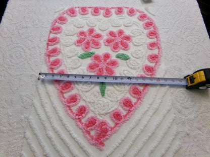 big pink heart vintage chenille fabric, popular floral center pattern, 16" x 26" piece of sewing material for quilting, crafts